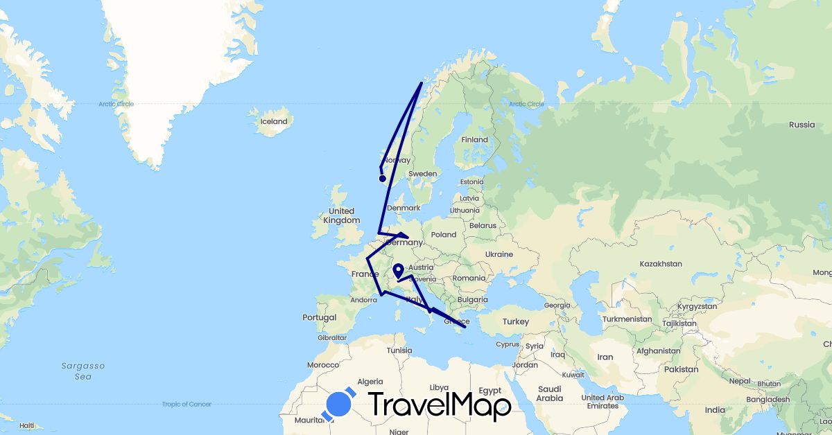 TravelMap itinerary: driving in Germany, France, Greece, Italy, Netherlands, Norway (Europe)